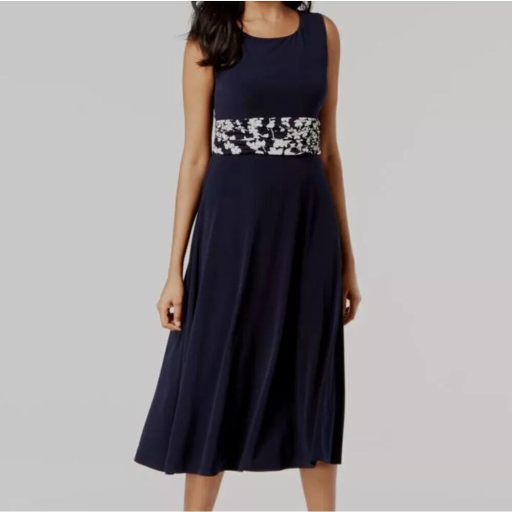 Jessica Howard Navy Blue Floral Waist Fit Flare Dress Women Sz. 10 NWT Boho Chic
